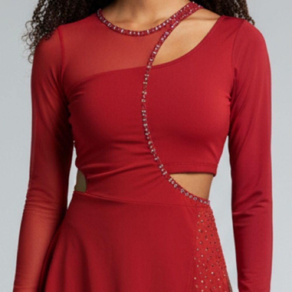 The Line up solo dance costume 2 piece red rhinestone custom CARLSBAD leotard SA